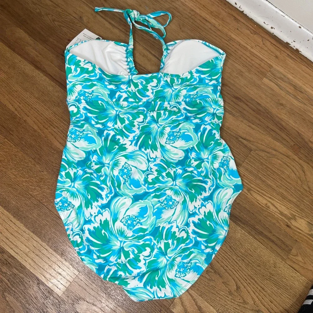 Time and Tru Blue Green Floral Halter One Piece Swimsuit XL‎ 16-18